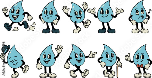 Schilderij op canvas Retro Water Drop Cartoon Character Set in Vintage 1930s Rubber Hose Mascot Style