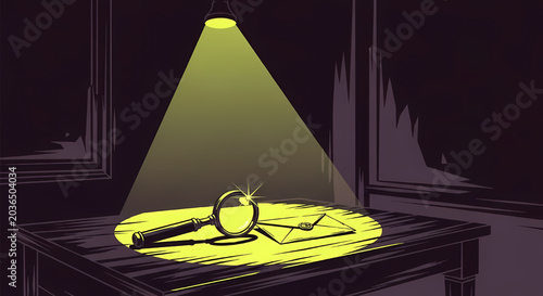 Magnifying glass and envelope under spotlight on a wooden desk