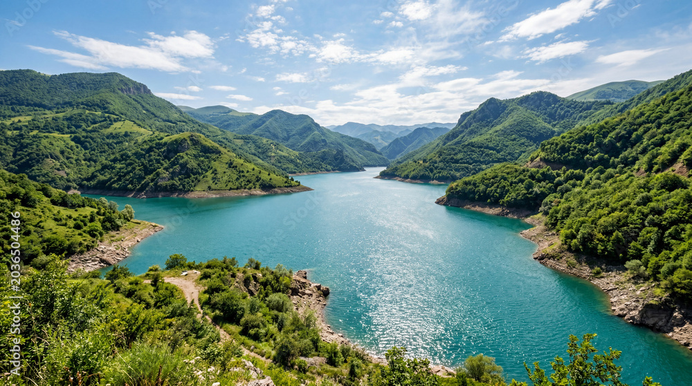 Fototapeta premium Pristine Clear Teal Drinking Water Reservoir Nestled Deep Inside Valley Surrounded By Green Hills Landscape