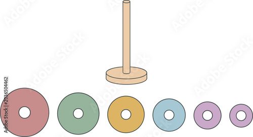 Tower of Hanoi Educational Math Puzzle Vector Set with Wooden Peg Stand and Colorful Disks for Logic and Brain Training Games
