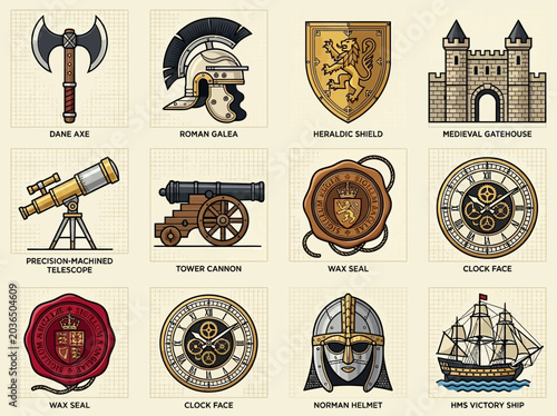 Photos Set of Historical Vector Icons: Medieval Weapons, Roman Helmet, Heraldic Shield,