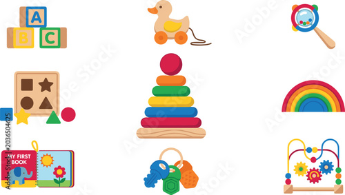 Tableau sur toile Educational Wooden Baby Toy Icon Vector Set with ABC Blocks Pull Along Duck Stac