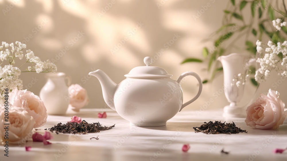 Fototapeta premium White teapot with roses and tea leaves.