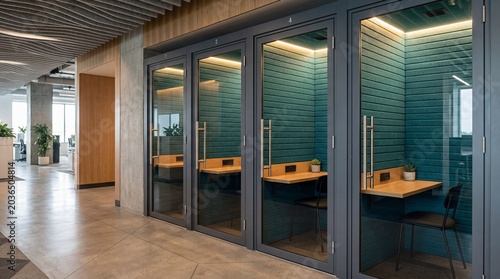Soundproof private phone booths in a modern office featuring acoustic felt walls for quiet meetings
