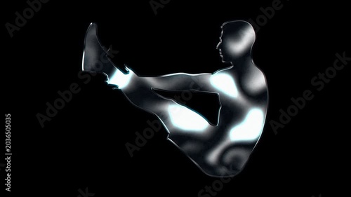 Silver metallic man performing jackknife situps core training silhouette. Alpha channel. Seamless loop video.