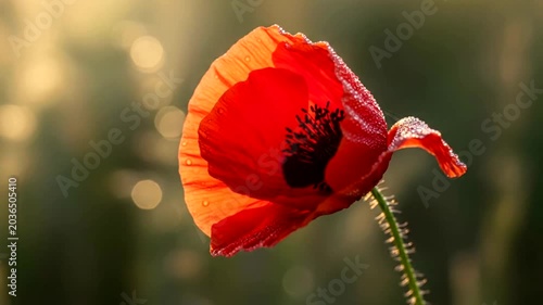 A single vibrant red poppy flower blooming in the soft morning sunlight.