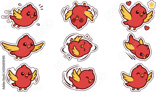 Photos Cute Red Bird Sticker Set with Various Flying Poses and Different Emotional Expr
