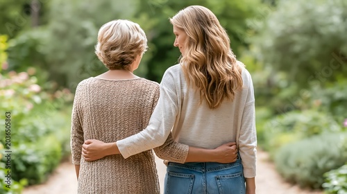 Adult daughter helping elderly mother walk in sunlit garden path