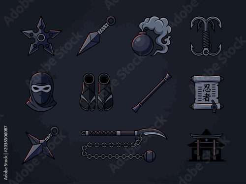 Canvastavla Ninja Equipment and Weapons Icon Set featuring Shuriken, Kunai, Stealth Mask, Sm