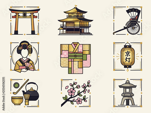 Bild auf Leinwand Traditional Japanese Culture and Heritage Icon Set Featuring Geisha, Pagoda, Tor
