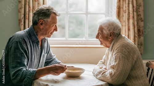 Adult son serving soup to elderly parent at kitchen table