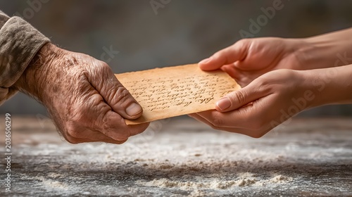 Senior hands passing handwritten recipe card to youth across kitchen counter