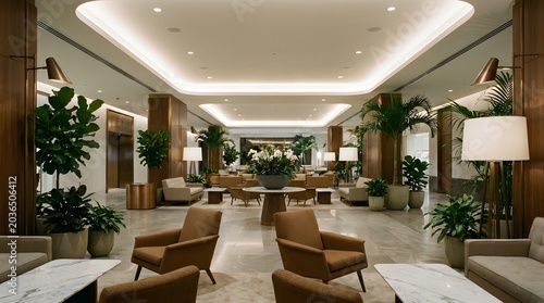 Luxurious Hotel Lobby Interior with Elegant Seating and Lush Greenery.
