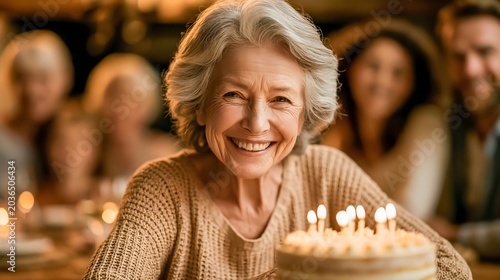 Senior woman celebrating birthday with glowing candles and family