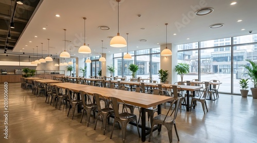 Modern cafeteria interior with long wooden tables and large windows.