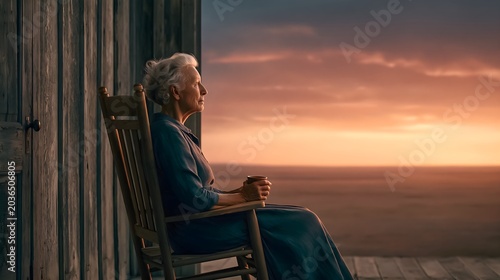 Senior person relaxing on porch rocking chair overlooking rural sunset