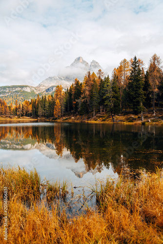 Scenic Alpine Lake in Autumn, Vibrant Fall Forest and Distant Mountain Peak on the Horizon in Natural Light