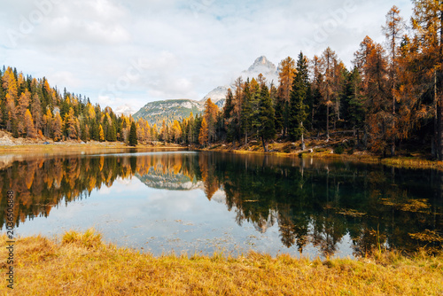 Scenic Alpine Lake in Autumn, Vibrant Fall Forest and Distant Mountain Peak on the Horizon in Natural Light