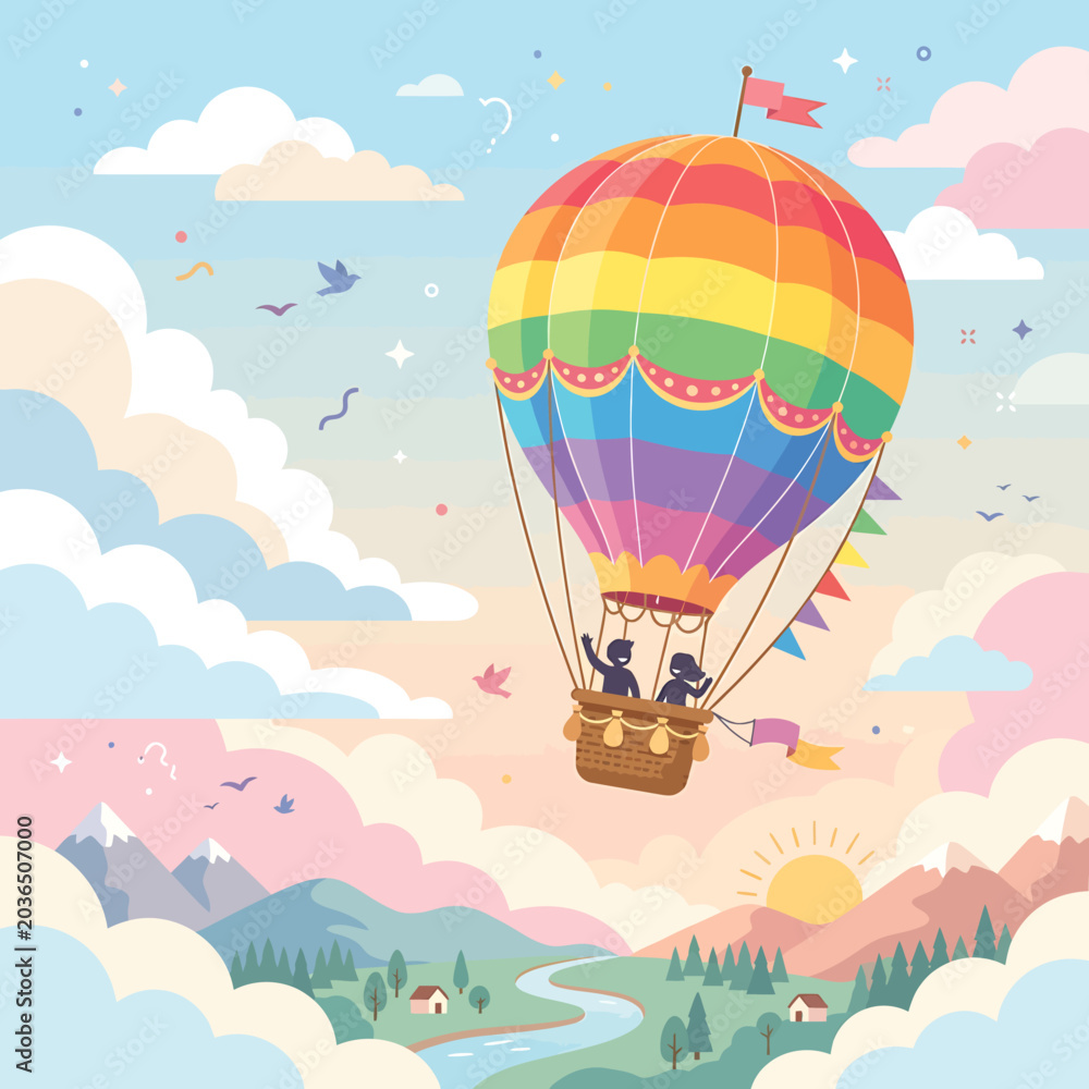 Obraz premium Colorful hot air balloon flying over a scenic landscape with mountains