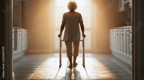 Independent senior woman using walking frame in sunny kitchen