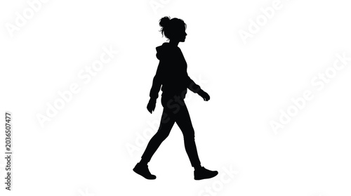 walking woman in a hoodie side view black silhouette
