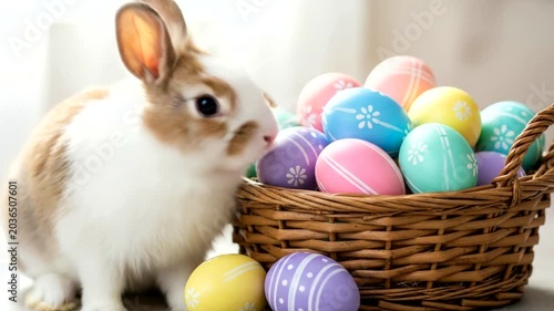 Easter bunny with colorful eggs basket.
