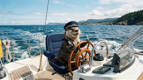Otter captain steering a motor yacht on the ocean. Animal sailor sailing a boat during summer vacation. Marine wildlife adventure, nautical travel and holiday recreation concept.