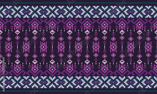 Seamless purple tribal textile pattern with pixel-inspired geometric ornaments and traditional ethnic decorative elements.