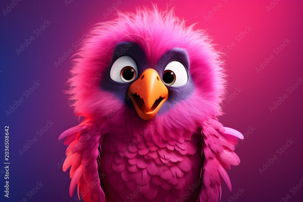 Fototapeta premium Pink fluffy bird character isolated on gradient background. Cute fantasy monster with feathers and big eyes. Animated style creature for children book illustration or game design.
