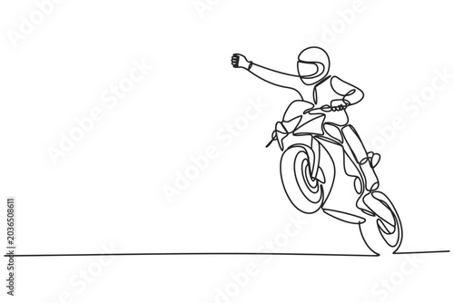 Tableau sur toile Continuous single line drawing of a person riding a motorcycle on rear wheel doi
