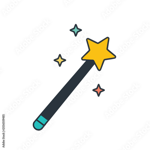 Cartoon magic wand illustration with sparkling stars.