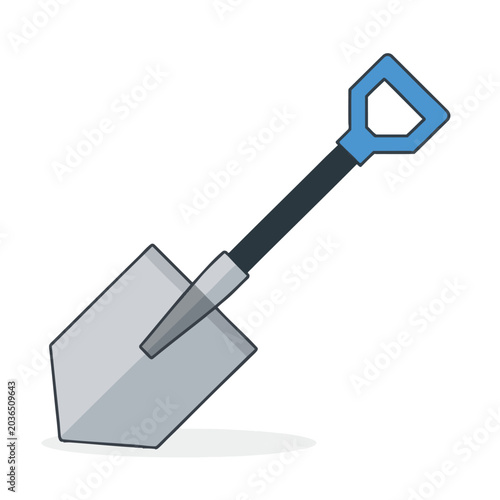 A flat vector illustration of a sturdy garden shovel with a blue handle and gray blade.