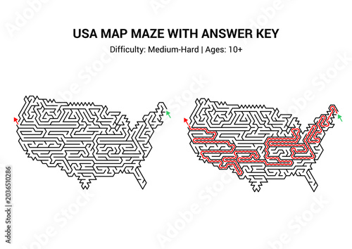 Fotografia USA map maze puzzle activity with answer key, printable worksheet handout