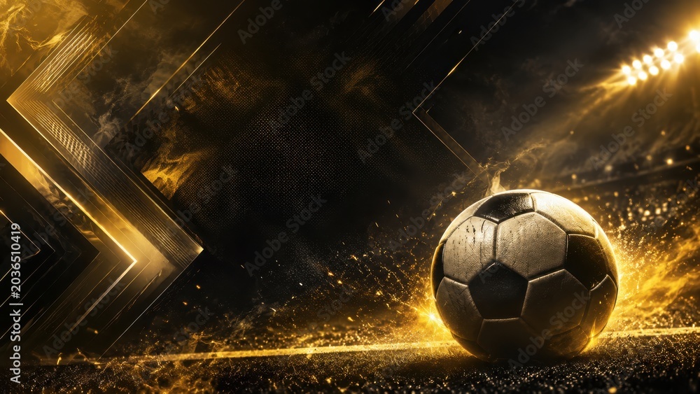 Fototapeta premium Soccer ball flying on dark grassy field at night