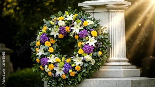 A beautiful funeral wreath resting on a stone monument at a cemetery.