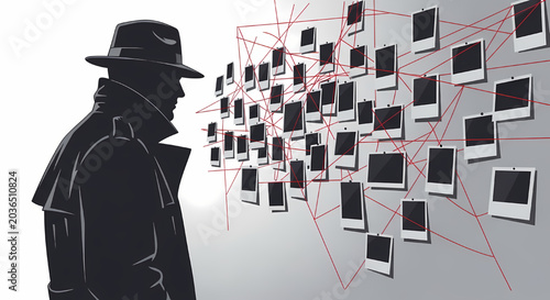 Silhouette of a detective examining a mystery evidence board with connection lines
