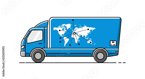 A blue truck with a world map illustration drives across the globe delivering goods.