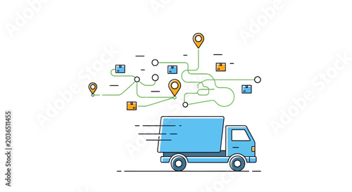 A blue truck drives through a network of delivery routes and locations marked on a map.