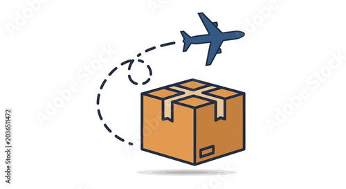 An airplane flies away with a package box.