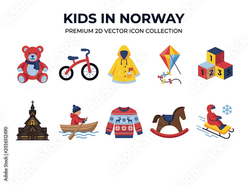 Norwegian Kids Lifestyle Vector Icons: Teddy Bear, Bicycle, Raincoat, Kite, Blocks, Stave Church, Boat, Sweater, Rocking Horse, Sledding