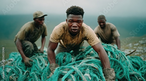 Three hardworking fishermen in a muddy field, handling fishing nets, capturing the essence of labor, dedication, and community in a countryside setting.