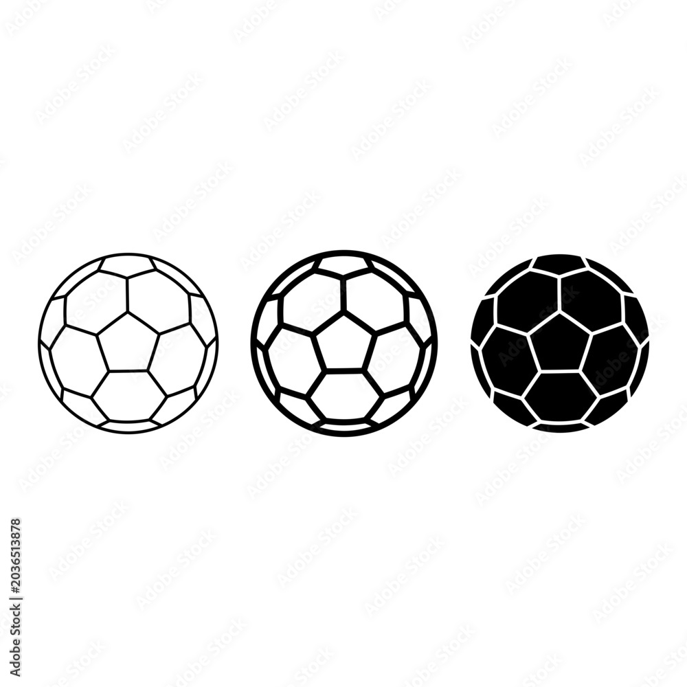 Fototapeta premium Soccer ball icon set, outline, solid, silhouette, white background, vector illustration