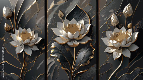 Foto Lotus flower illustration a triptych composition with gold accents on a dark mar