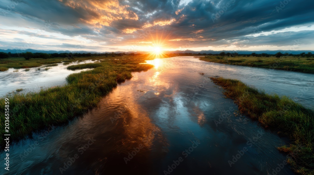 Obraz premium This serene landscape captures a breathtaking sunset reflecting on a calm river, framed by lush grass, evoking tranquility and inspiring inspiration in nature lovers.