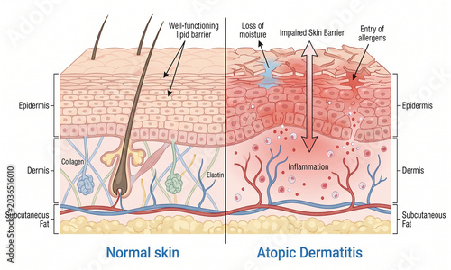 Comparative diagram of normal skin anatomy and atopic dermatitis inflammation