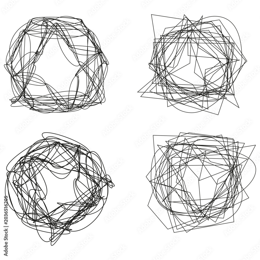 Obraz premium Set of chaotic tangled line shapes and scribbles vector. Graphic elements support data visualization and psychological concepts.