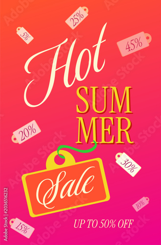 Vertical promotional banner for Hot Summer Sale on vibrant pink and orange gradient background. Design includes elegant calligraphy, bold typography, and multiple hanging price tags with various disco