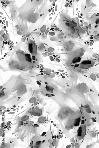 Abstract monochrome floral watercolor seamless pattern. Black and white ink blossom motifs background for fabric, textile, and fashion design.