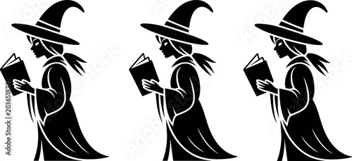 Fotografija Set of black and white silhouette vector illustrations featuring a young witch wearing a pointy hat reading a spellbook