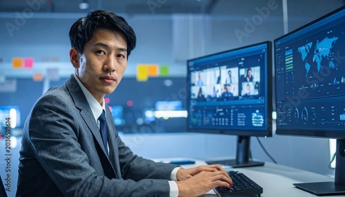 Asian man in suit working at computer security center.